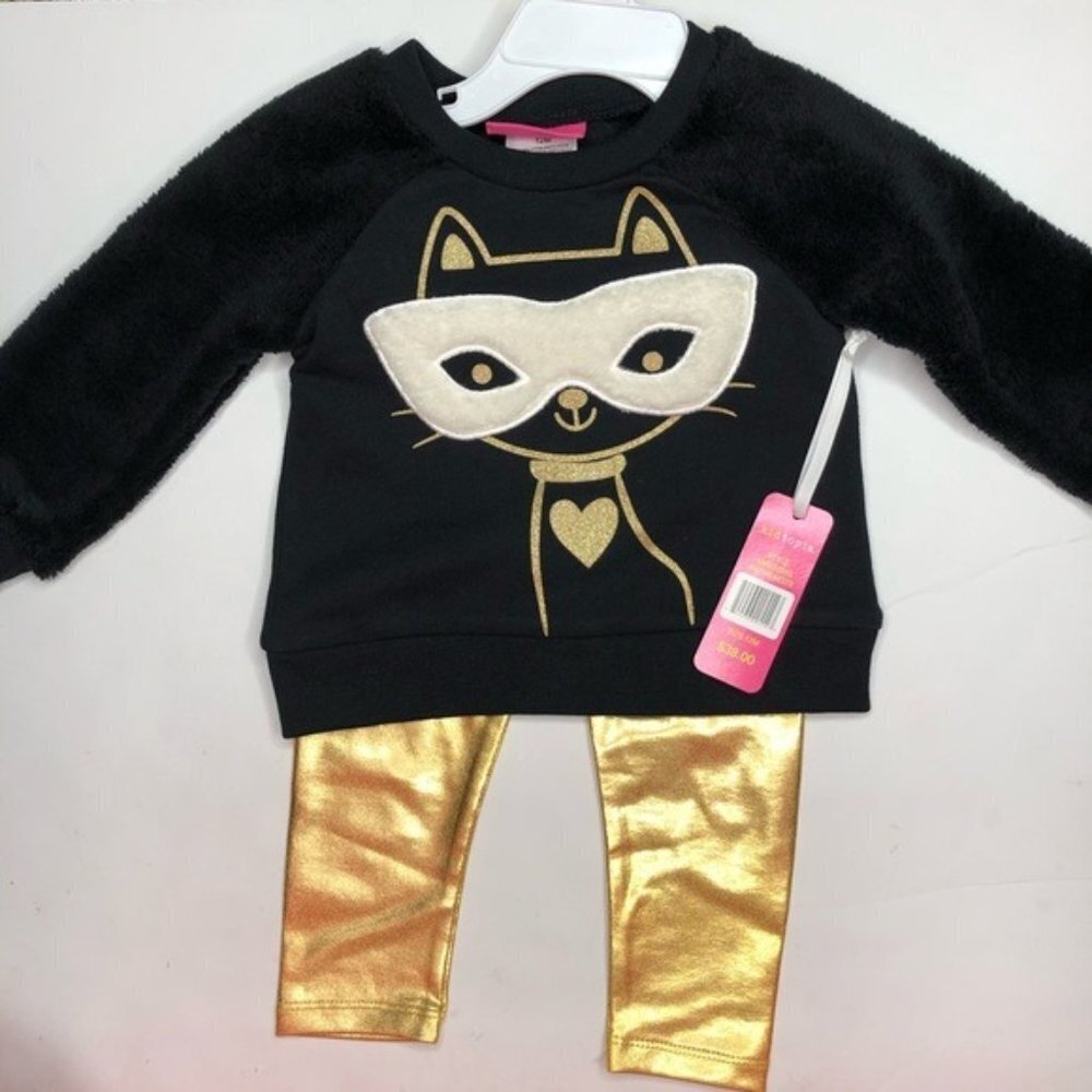 KIDTOPIA Black Shiny Gold Cat Sweatshirt Leggings Pants 2 Piece Set Size 12 M